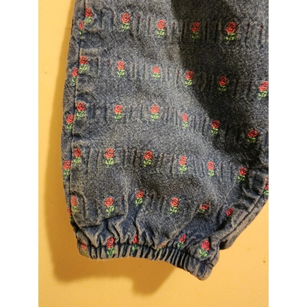 Vintage OshKosh Bgosh Floral Embroidered Denim Pants Blue Rose Elastic Waist